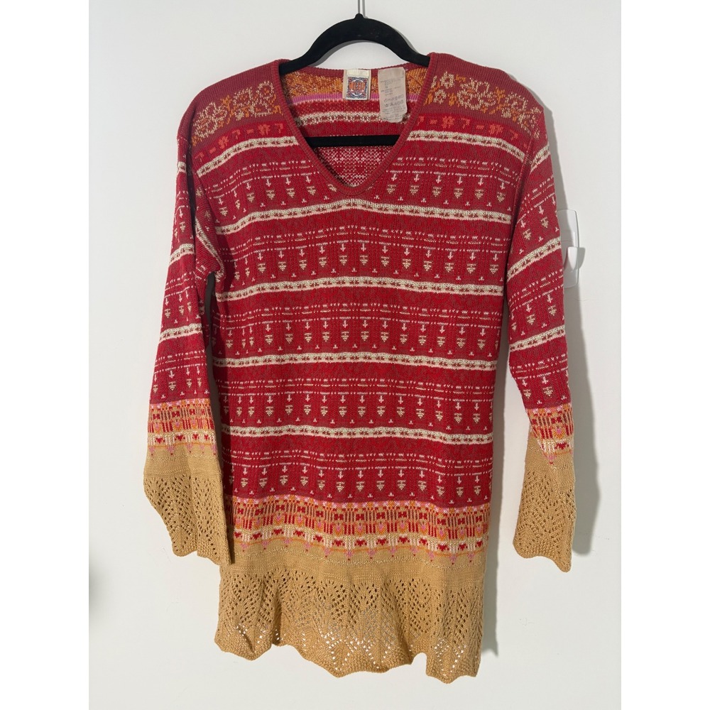 Oilily Red Fair Isle Tunic Sweater Size Small V-Neck Crochet Trim Made in Italy